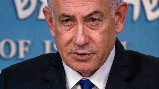 Israeli Prime Minister Benjamin Netanyahu speaks to reporters. Picture: AFP.