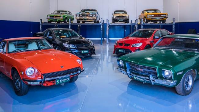 The full collection of Chris Marco’s cars on display in Perth.