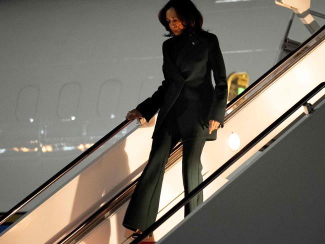 US Vice President and Democratic presidential nominee Kamala Harris disembraks from Air Force Two . Picture: AFP