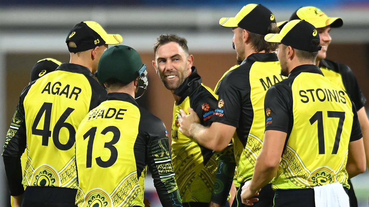 Glenn Maxwell of Australia celebrates with his teammates. Photo by Albert Perez/Getty Images