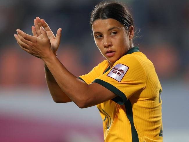 MUMBAI, INDIA - JANUARY 27: Sam Kerr of Australia gestures during the AFC Women's Asian Cup Group B match between Australia and Thailand at Mumbai Football Arena on January 27, 2022 in Mumbai, India. (Photo by Thananuwat Srirasant/Getty Images)