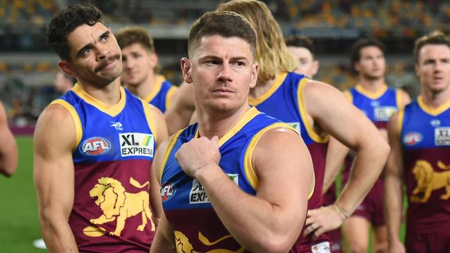BRISBANE, AUSTRALIA - AUGUST 19: Dayne Zorko of the Lions looks dejected after his team's defeat during the round 23 AFL match between the Brisbane Lions and the Melbourne Demons at The Gabba on August 19, 2022 in Brisbane, Australia. (Photo by Albert Perez/AFL Photos via Getty Images)