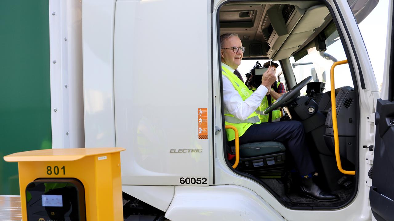 Prime Minister Anthony Albanese tests an electric truck earlier this year. Picture: NewsWire / Damian Shaw