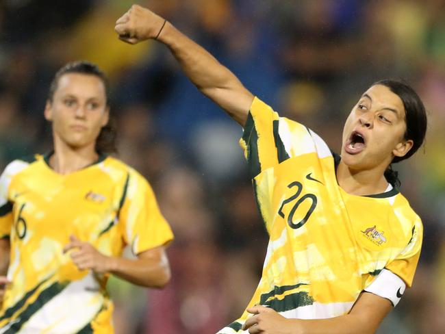 NEWCASTLE, AUSTRALIA - MARCH 06: Sam Kerr of the Australian Matildas celebrates a goal during the Women's Olympic Football Tournament Play-Off match between the Australian Matildas and Vietnam at McDonald Jones Stadium on March 06, 2020 in Newcastle, Australia. (Photo by Tony Feder/Getty Images)