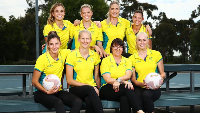 Australian Netball players Back L-R: Liz Watson, Caitlin Thwaites, Caitlin Bassett, Madi Robinson. Front L-R: Kim Ravaillion, April Brandley, Lisa Alexander (coach) and Jo Weston. Pic: Getty Images