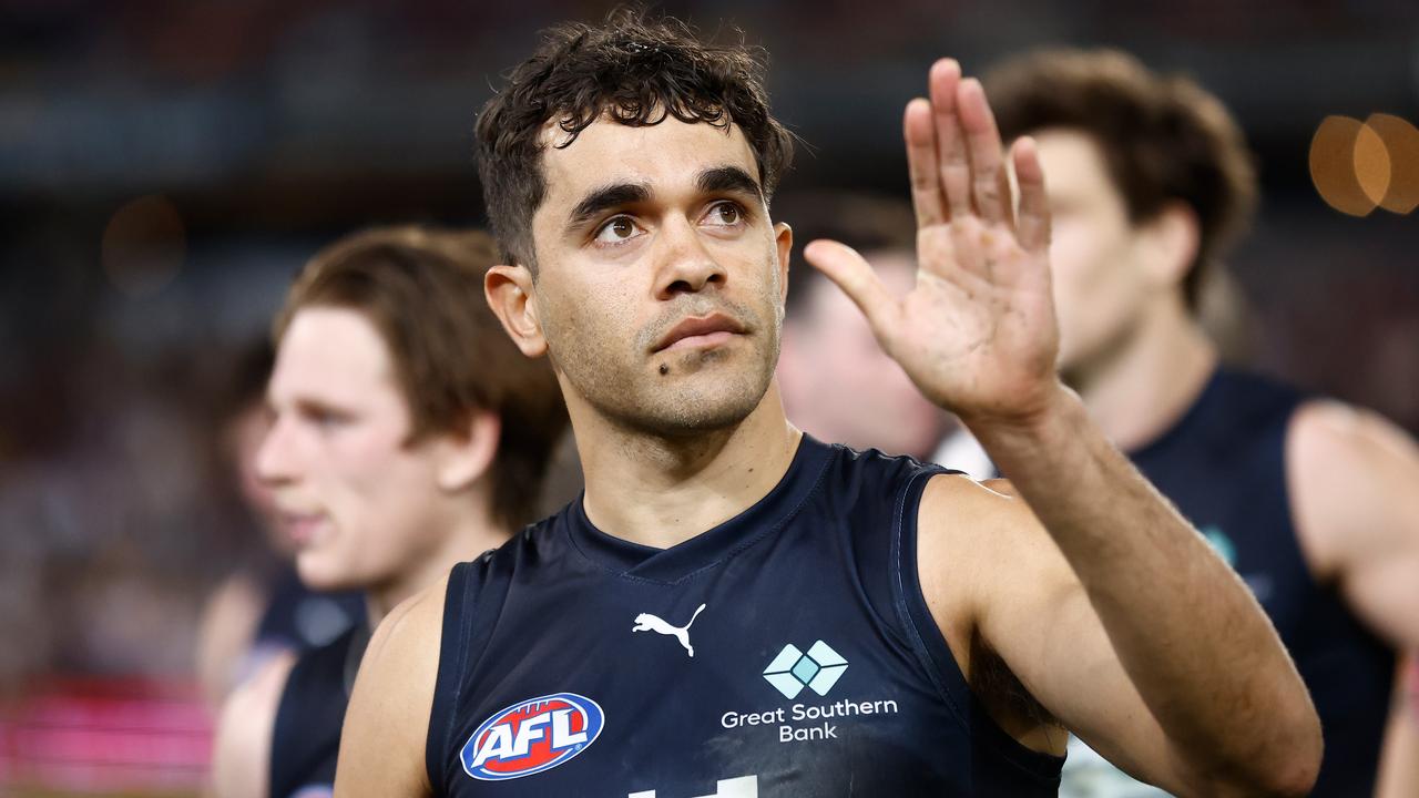 BRISBANE, AUSTRALIA - SEPTEMBER 23: Jack Martin of the Blues looks dejected after a loss during the 2023 AFL Second Preliminary Final match between the Brisbane Lions and the Carlton Blues at The Gabba on September 23, 2023 in Brisbane, Australia. (Photo by Michael Willson/AFL Photos via Getty Images)