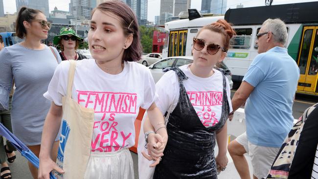 Women’s March participants Teagan Ramsay and Grace Varga. Picture: Lawrence Pinder