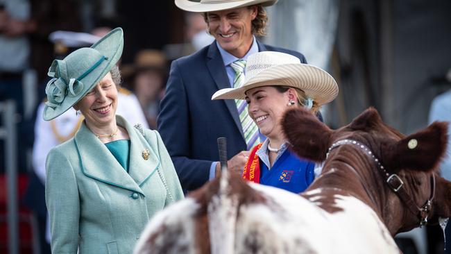 HRH Princess Anne shares a laugh at the judging of the British Shorthorn cattle breed. Picture: Julian Andrews