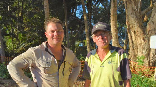 Ferdinand Constructions owner Paul Ferdinand and carpenter Gav Odgaard tell of the moment a 23-year-old emerged from Blacks Beach where she had been sunbaking and was allegedly stabbed by a 16-year-old boy in a random frenzied attack at the end of Blacks Beach Road in Mackay. Picture: Tara Miko