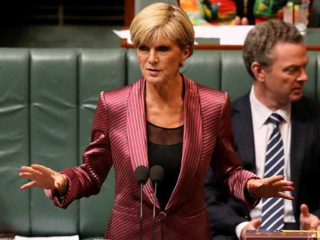 Foreign Minister Julie Bishop, representing the Prime Minister, responds during Question Time in the House of Representatives.