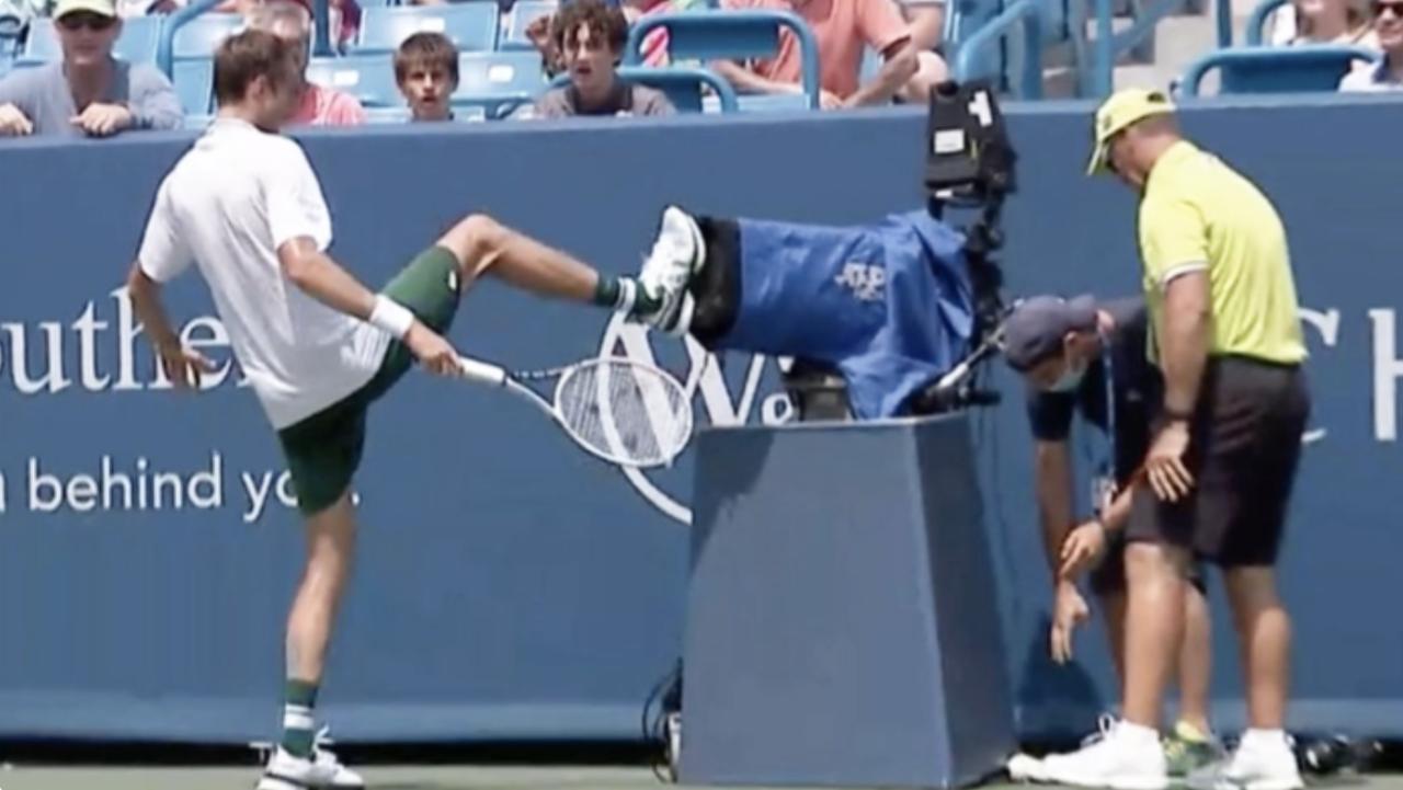 Russia’s Daniil Medvedev lost his temper during an ugly on-court explosion over the weekend, kicking a camera in disgust.