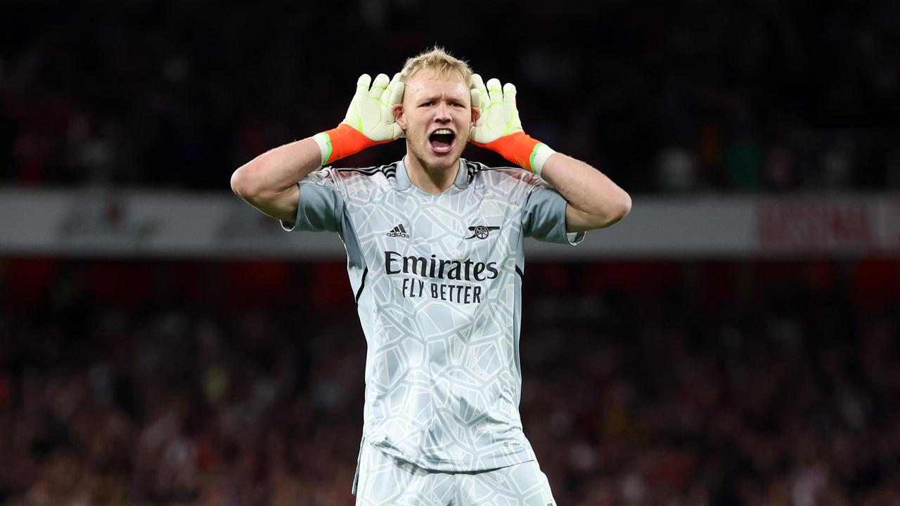 LONDON, ENGLAND – AUGUST 31: Aaron Ramsdale of Arsenal celebrates after his team score their second goal during the Premier League match between Arsenal FC and Aston Villa at Emirates Stadium on August 31, 2022 in London, England. (Photo by Catherine Ivill/Getty Images)