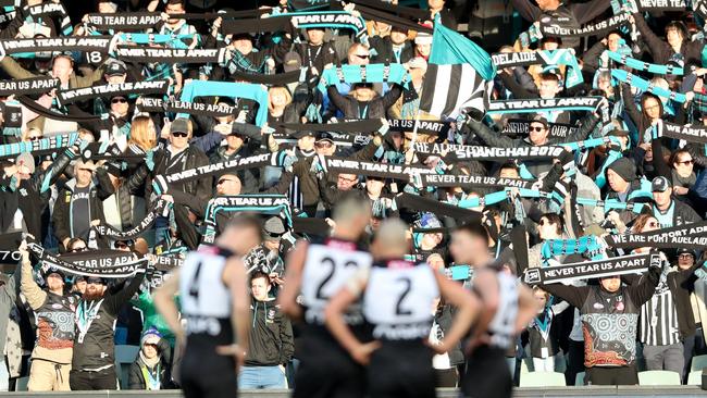 Port Adelaide is hoping a packed Adelaide Oval will aid its quest to defeat the Demons. Picture: AFL Photos/Getty Images