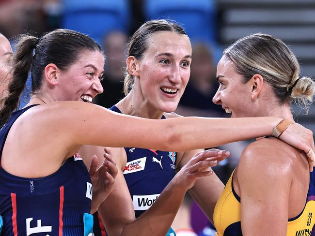 Kate Eddy and Emily Mannix withe former Vixens teammate Liz Watson at the Team Girls Cup. Picture: Jenny Evans/Getty Images for Netball Australia