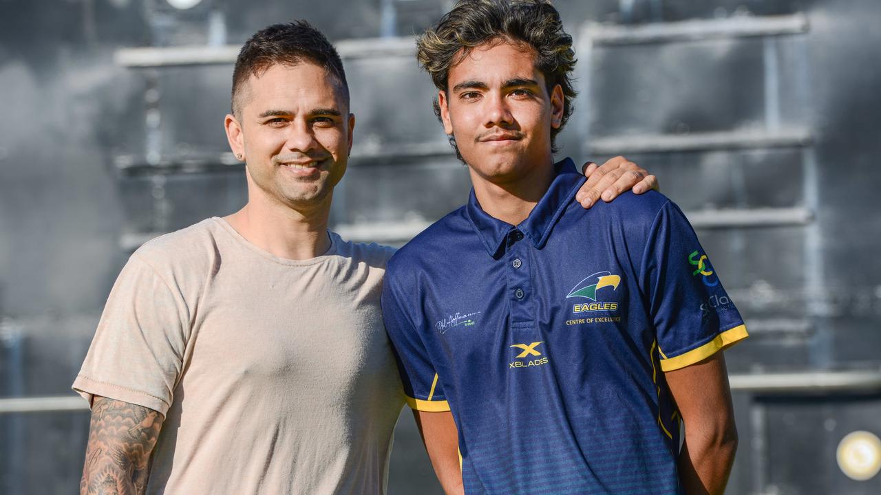 Port Adelaide great Peter Burgoyne and his son Jase, who is a Power father-son prospect this year. Picture: Brenton. Edwards