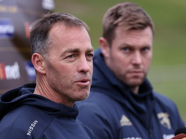 Alastair Clarkson and Sam Mitchell press conference announcing that Clarkson will step aside of the end of the 2021 season making way for Mitchell to take over. 29/07/2021. . Pic: Michael Klein