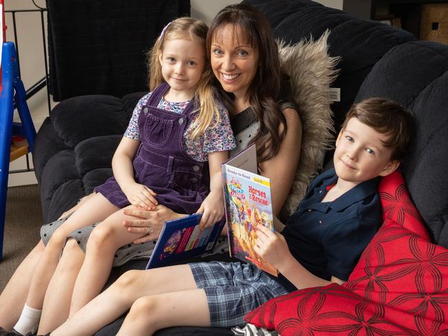 Paige McInnes with her two children Charlotte Marr, five and Lachlan Marr, seven. Picture: David Kelly