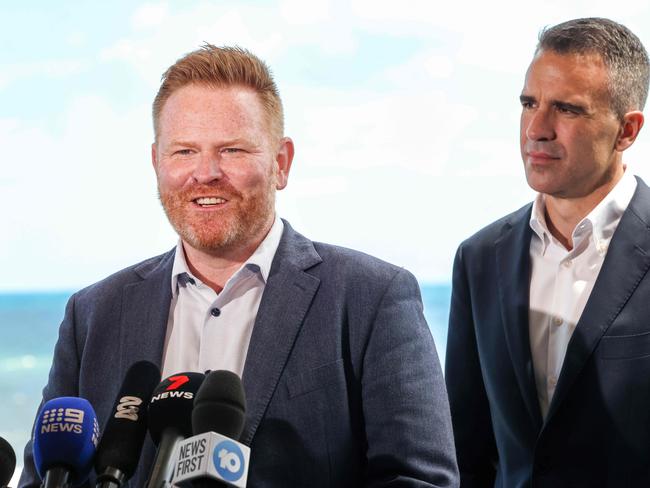 NEWS ADVlabor Black candidate Alex Dighton  during a press conference as the Premier Peter Malinauskas watches  after their win @ Boatshed Cafe , Hallett CoveImage/Russell Millard Photography