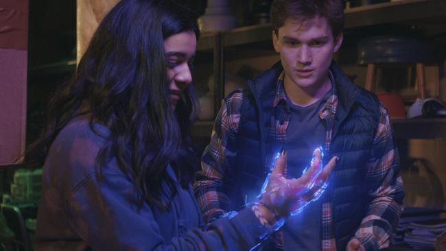 Iman Vellani as Ms. Marvel/Kamala Khan and Matt Lintz as Bruno in a scene from Ms Marvel.