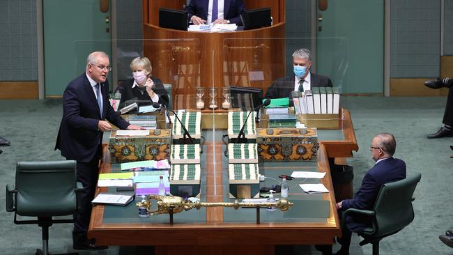 Prime Minister Scott Morrison and Opposition Leader Anthony Albanese in a heated argument during Question Time in the House of Representatives in Parliament House Canberra. Picture: NCA NewsWire / Gary Ramage