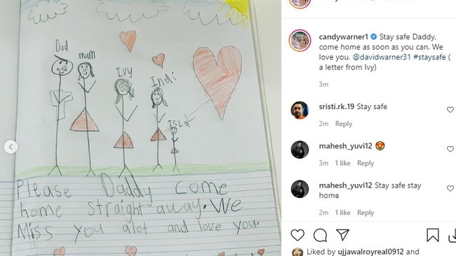 Instagram Post from Candice Warner to husband david in India: "Stay safe Daddy, come home as soon as you can. We love you. @davidwarner31 #staysafe ( a letter from Ivy)".