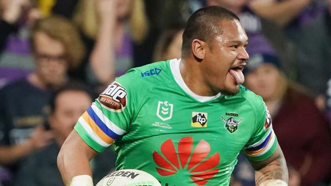 Joey Leilua of the Raiders runs with the ball over the try line but was later overused during the NRL Second Qualifying match between the Melbourne Storm and the Canberra Raiders at AAMI Park in Melbourne, Saturday, September 14, 2019. (AAP Image/Michael Dodge) NO ARCHIVING, EDITORIAL USE ONLY