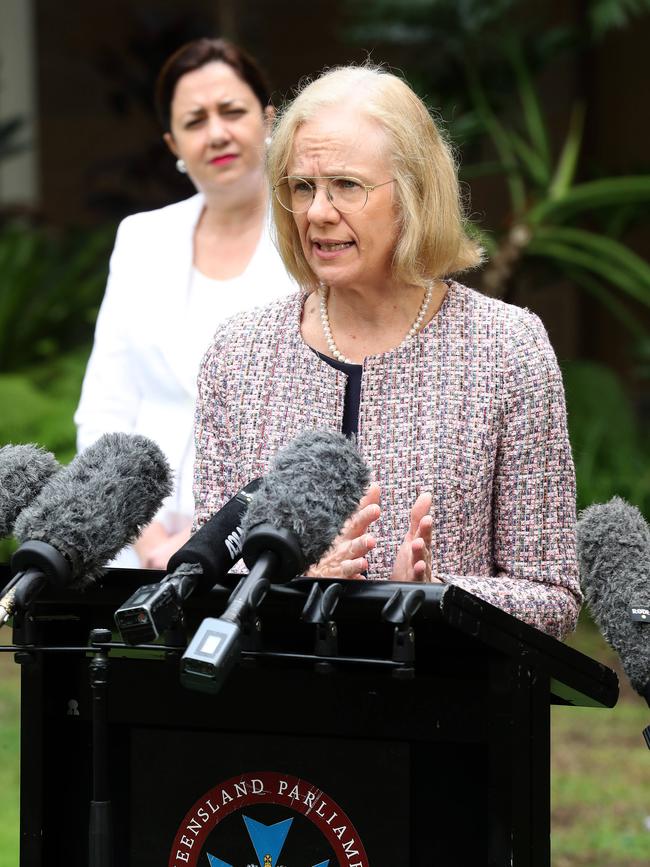 Chief Health Officer of Queensland Dr Jeannette Young speaks to the media as Premier Annastacia Palaszczuk looks on. Picture: Liam Kidston