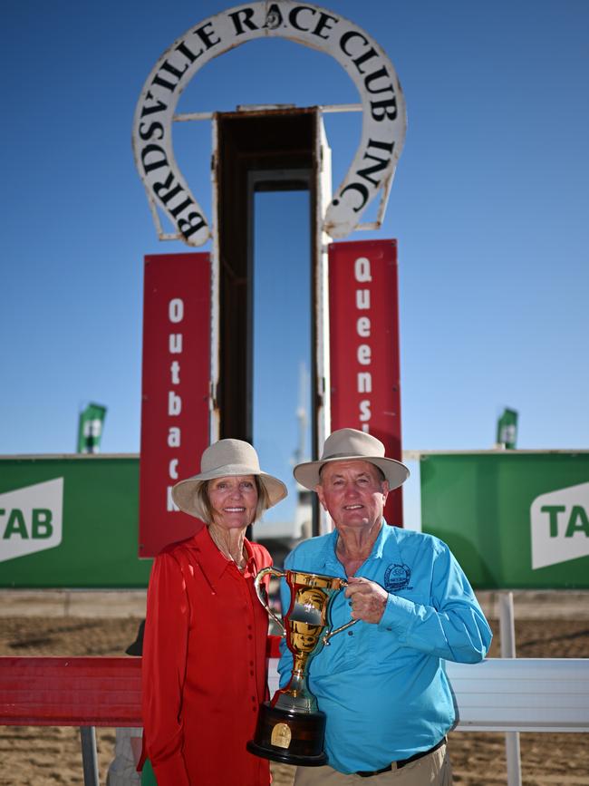 Owners David and Nell Brook with the trophy after Neodium won the 2023 Birdsville Cup. Picture: Dan Peled/NCA NewsWire