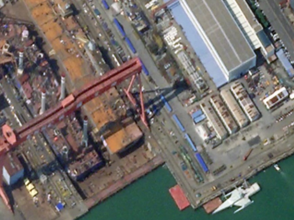 A satellite image shows the new big deck ship still in dry dock at GSI’s yard. Picture: Planet Labs Inc