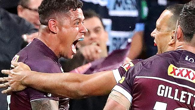 Dane Gagai celebrates a try for the Maroons. Picture: AAP