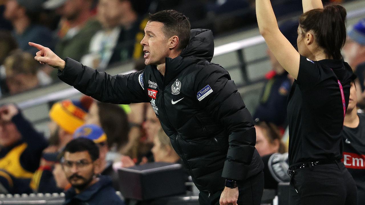 ADELAIDE, AUSTRALIA - APRIL 30: Craig McRae, Senior Coach of the Magpies on the boundary line during the 2023 AFL Round 07 match between the Adelaide Crows and the Collingwood Magpies at Adelaide Oval on April 30, 2023 in Adelaide, Australia. (Photo by Sarah Reed/AFL Photos via Getty Images)