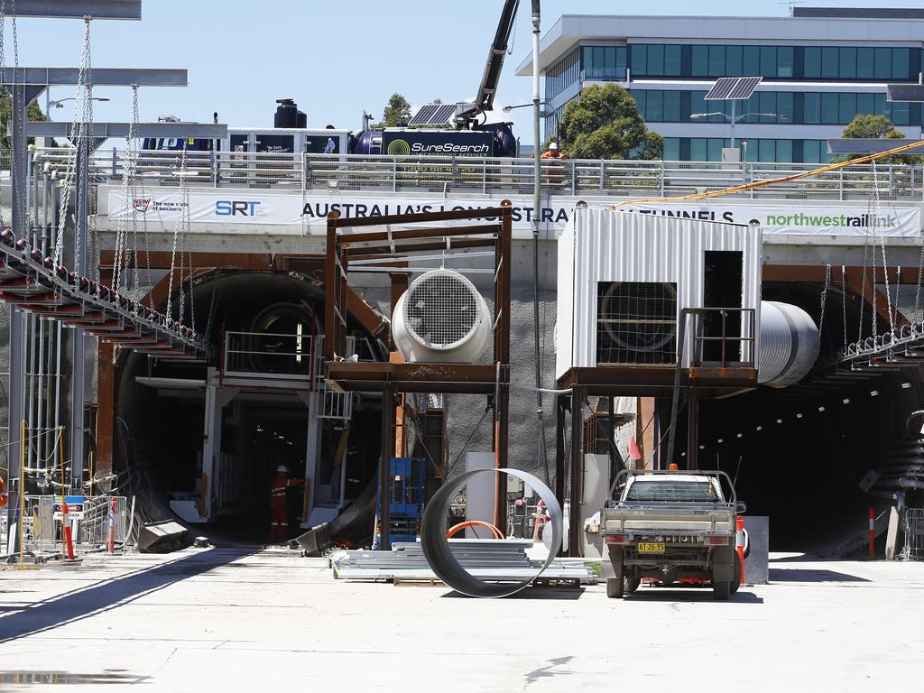 The entrance of the dual tunnels at the Bella Vista site. The North West Rail Link is underway. TBM Elizabeth has cut through 1092metres of earth travelling East from Bella Vista. Picture: Bradley Hunter