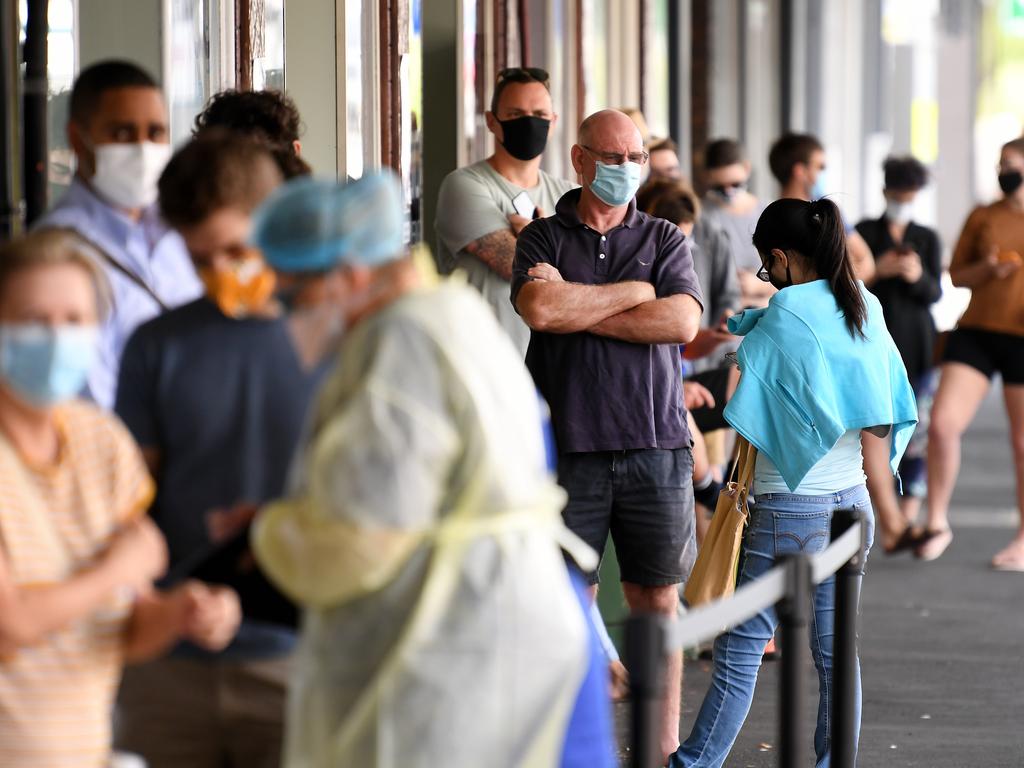 People line up for Covid testing during lockdown in Brisbane. Picture: Dan Peled/NCA NewsWire