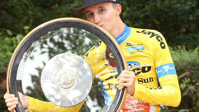 Hindley with the Jayco Herald Sun Tour winner’s trophy in Melbourne. Picture: Michael Klein