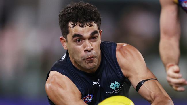 BRISBANE, AUSTRALIA - September 23, 2023. AFL .   Jack Martin of the Blues clears by hand during the 2nd preliminary final between the Brisbane Lions and the Carlton at the Gabba in Brisbane, Australia..   Photo by Michael Klein.