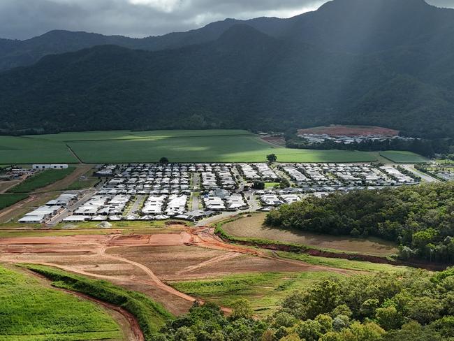 The Cairns Regional Council is yet to approve housing development on old sugar cane land around the Mt Peter housing estate, despite the developers completing earthwork and readying contractors to begin construction on the much needed new houses. An aerial view of where the new home building is ready to begin near Mt Peter, south of Cairns. Picture: Brendan Radke
