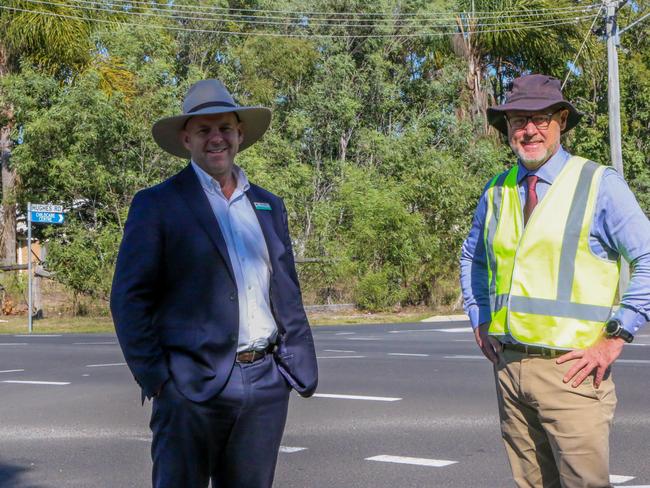 Next stage ... Fraser Coast Deputy Mayor Darren Everard and Star of the Sea Primary School Principal Nathan Wilson look forward to improvements in traffic flow through the intersection of Boundary Road, Hughes Road and Roberts Street. Photo: Contributed