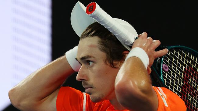 MELBOURNE, JANUARY 21, 2024: 2024 Australian Open Tennis - Alex de Minaur reacts against Andrey Rublev during their fourth round singles match on Rod Laver Arena. Picture: Mark Stewart