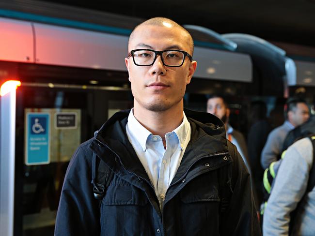 Commuter Kevin Gao using the new Metro line from Tallawong station to Chatswood Monday. Picture: Adam Yip