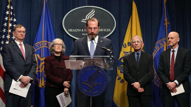 HHS Secretary Alex Azar speaks about the coronavirus at the Department of Health and Human Services headquarters in Washington DC