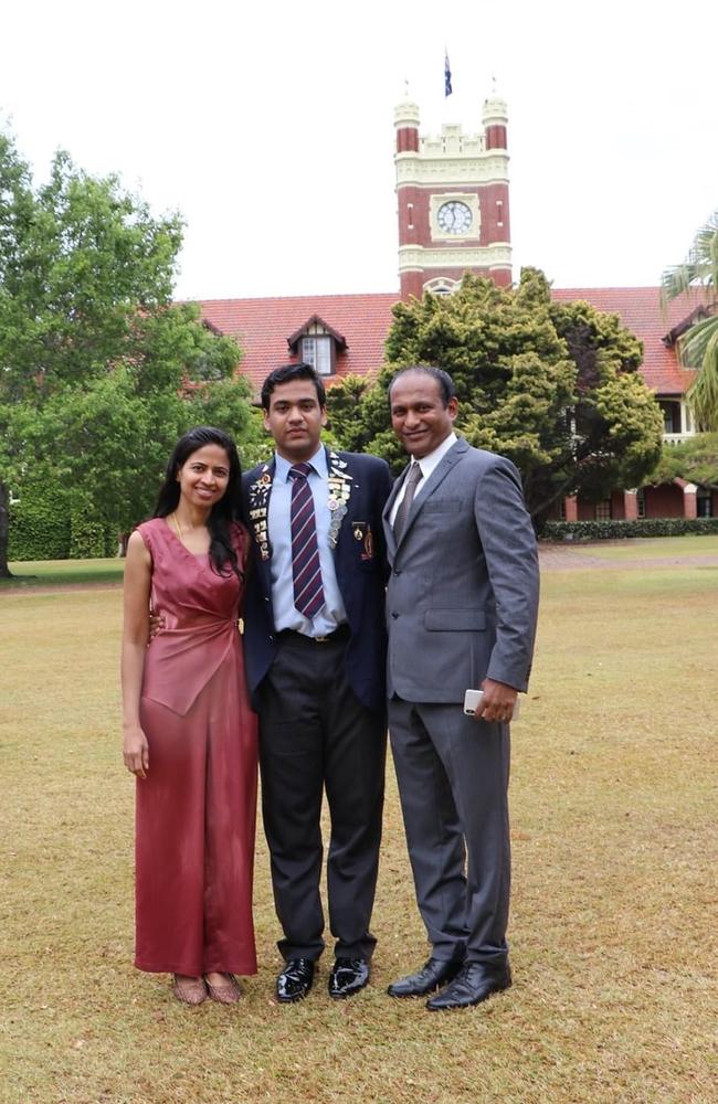 TSS student Vishaak Gangasandra, 17, with his parents. The Gold Coast student received an ATAR of 99.95.