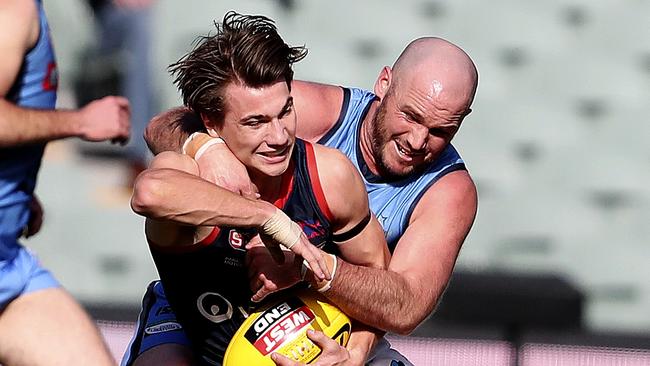 Zane Kirkwood wraps up Norwood’s Josh Richards during the SANFL elimination final. Picture SARAH REED