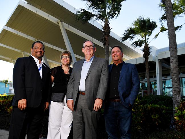 Mindil Beach Casino Resort general manager Mark Bennett, Qantas NT sales manager Sara Sarib, Delaware North managing director Gary Brown and Darwin Turf Club chairman Brett Dixon at the Mindil Beach Casino Resort. Picture: Keri Megelus