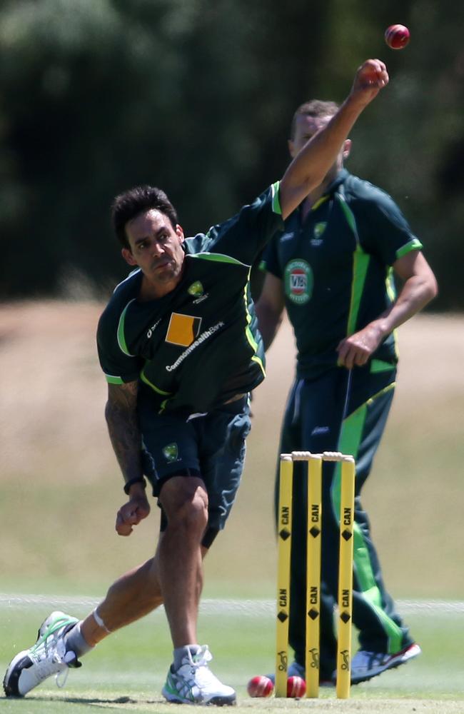 Mitchell Johnson bowled short balls at Australian training on Friday. Picture: Matt Turner