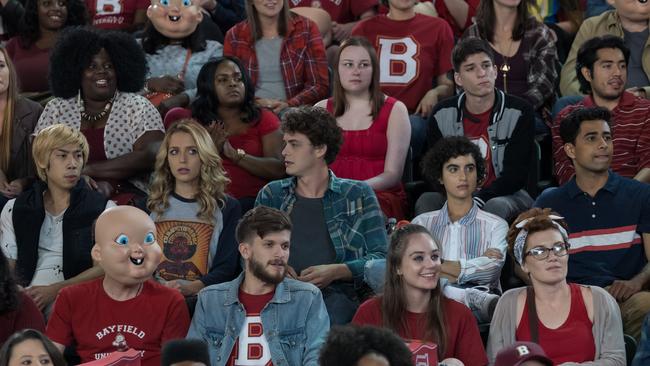 Third row from bottom, from left: Phi Vu as Ryan, Jessica Rothe as Tree Gelbman, Israel Broussard as Carter, Sarah Yarkin as Dre, and Suraj Sharma as Samar.