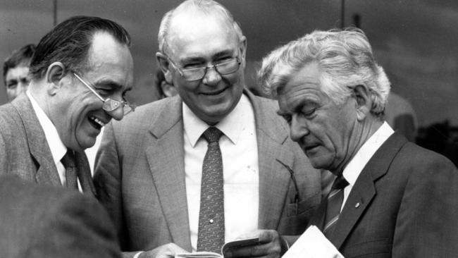 Bob and Jack Ingham with former PM Bob Hawke at Rosehill races in 1989.