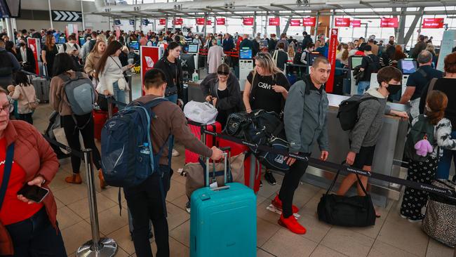 Despite huge crowds in holiday periods, Sydney Airport is still seeing about 10 per cent fewer passengers than before Covid-19. Picture: Justin Lloyd