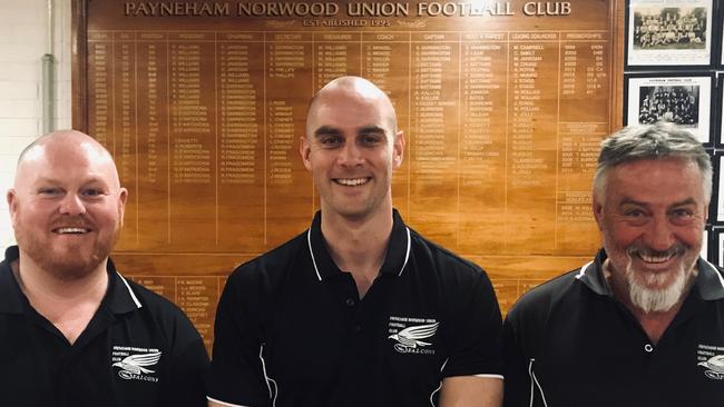 New Payneham Norwood Union coach Jace Bode (centre) with outgoing coach Garry McIntosh (right) and assistant Ben Hunt (left). Picture: Payneham Norwood Union Football Club