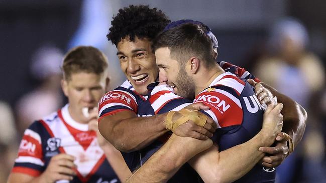 Siua Wong will get more chances to celebrate with the Roosters after signing a new deal. Picture: Mark Metcalfe/Getty Images