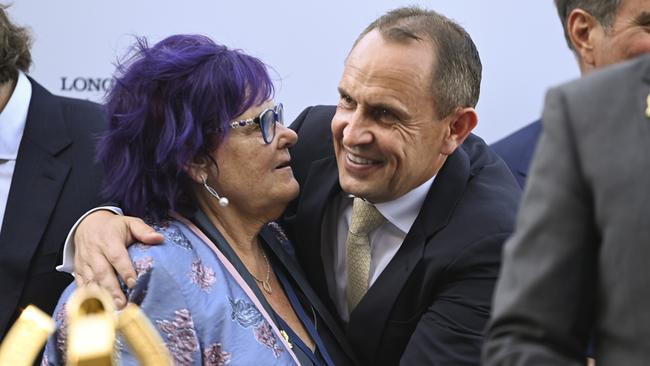 Chris Waller hugging owner Debbie Kepitis after Shinzo won last year’s Golden Slipper. Picture: Bradley Photos